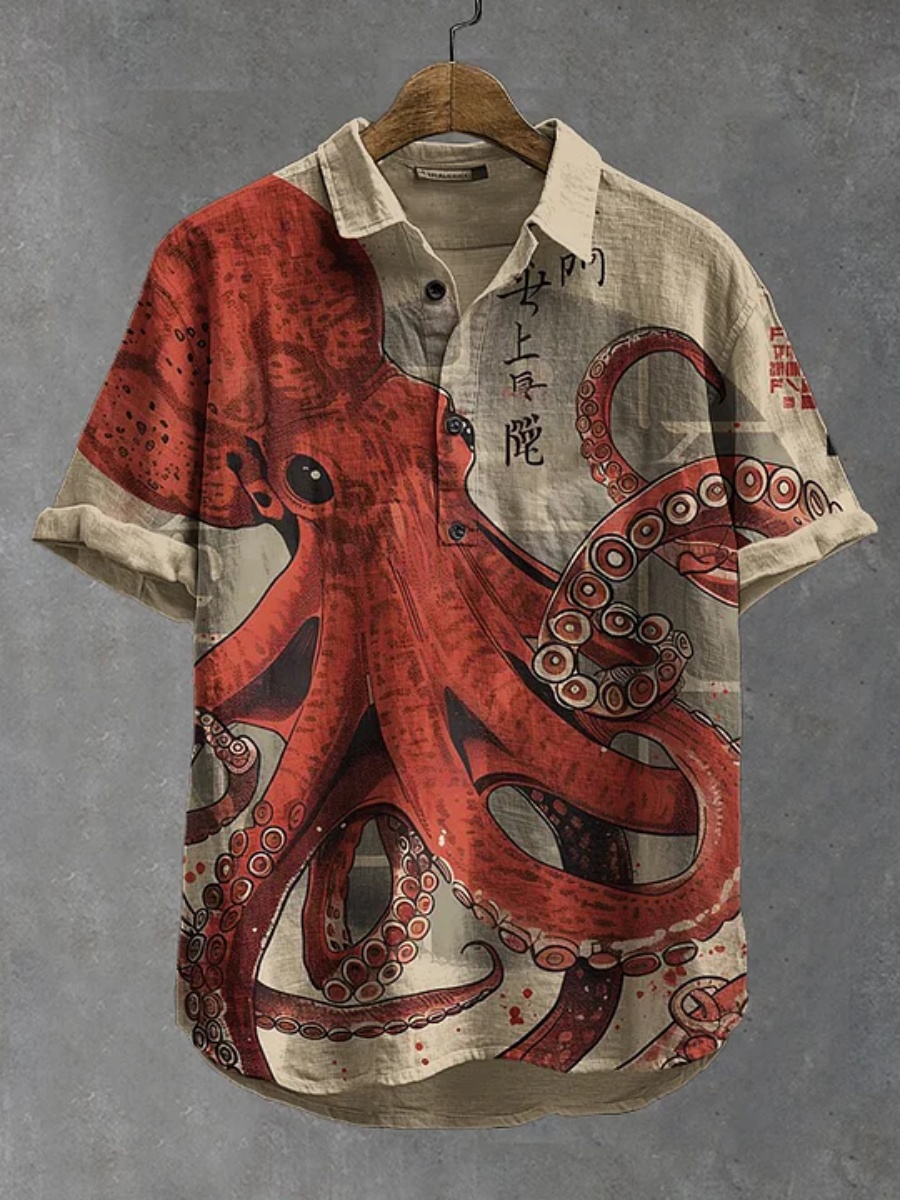 Men's polo shirt octopus print - огляд і ціна Summer Clothing Men Linen